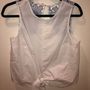 White tie-front top, blue floral design on back